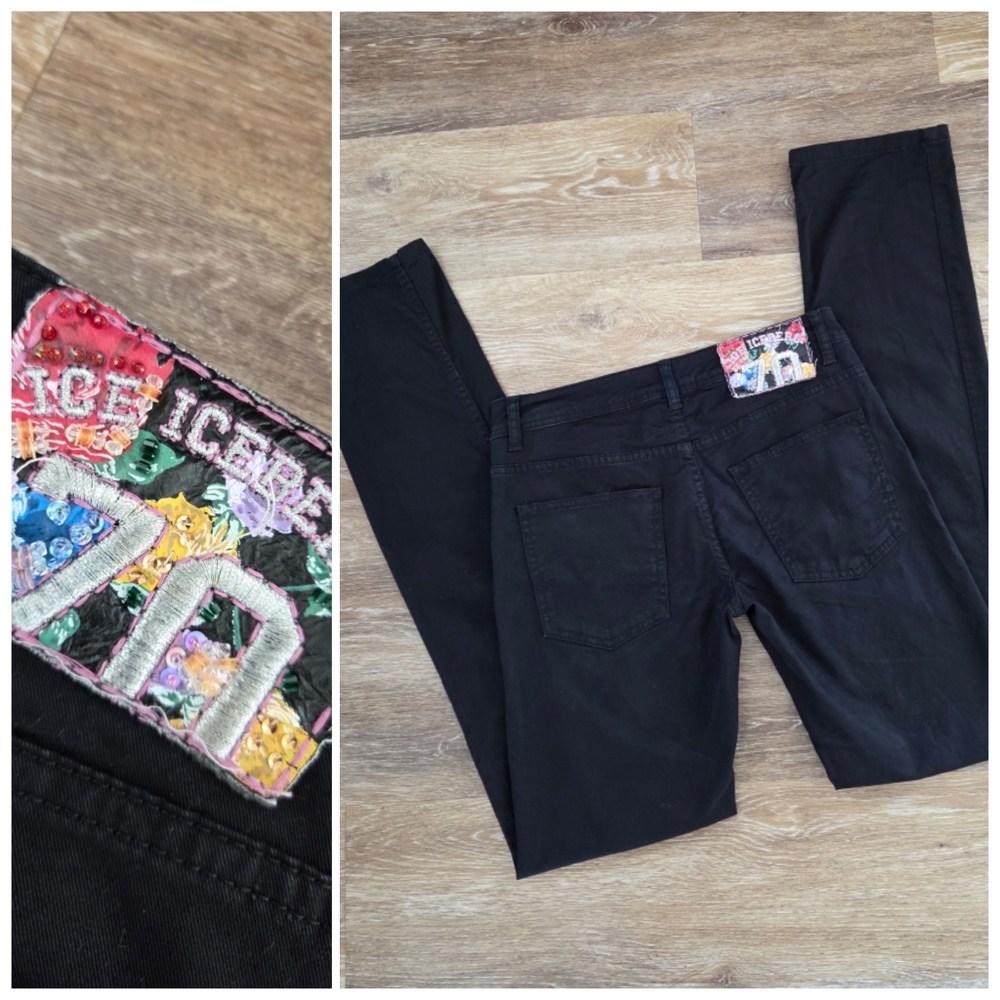 ICE by ICEBERG Black Straight Leg Pants Embroidered Back Patch ITALY Sz 29